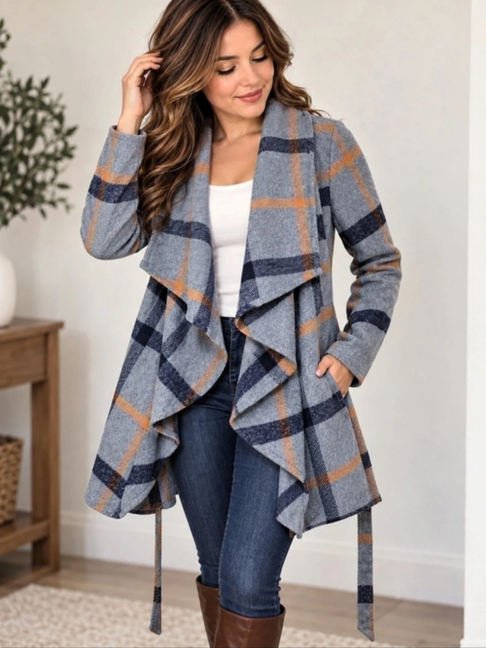 FASHION NOVA Plaid Wrap Coat in Gray & Blue Medium Like New